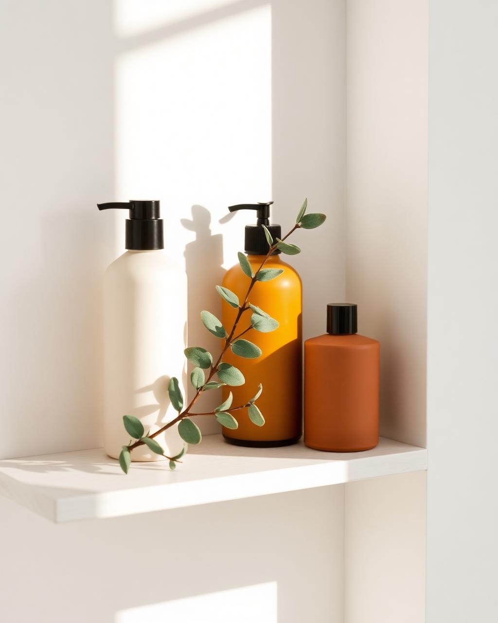 Minimalist shelf with skincare bottles and eucalyptus